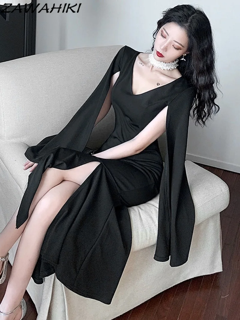 

ZAWAHIKI Black Dress 2022 New Fashion Summer High Waist Elegant Vestidos De Mujer V Neck Slim Gothic Dresses A Line Femme Robe