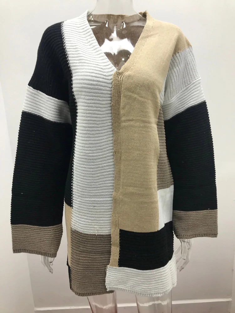 

Fashion Geometric Splice Sweater Cardigan Women Autumn Winter Casual Long Sleeve Loose Knitted Sweaters Long Coats Outwear