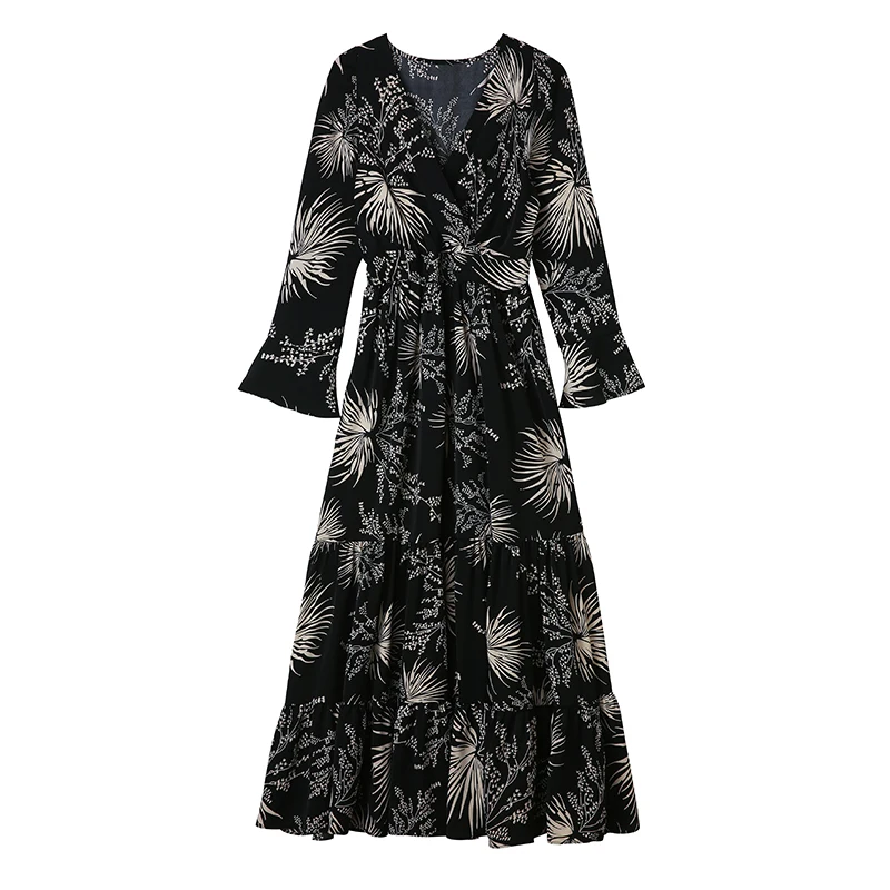 

2020 high quality long skirt, stylish v-neck female print dress