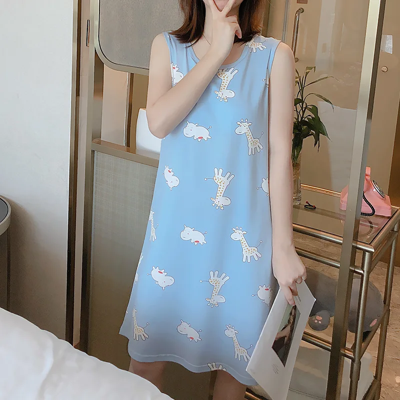 Summer New Vest Medium Length Nightdress Women's Korean  Cute Cartoon Loose Version Female Nightgown Home Wear Sexy Sleepwear