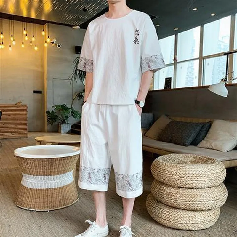 

2 piece set short-sleeve sweatshirt Hanfu men chinese loose Tops clothes style sweatpants men's clothing o-neck summer two piece