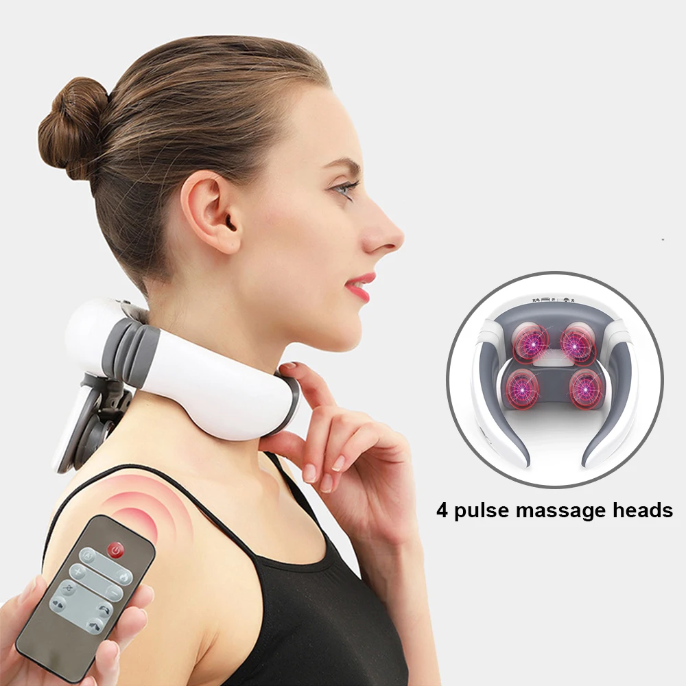 

TENS Electric Pulse Neck Massager 4 Heads Therapy Heating Pain Relief Health Care Portable Neck Cervical Massage Reomote Machine