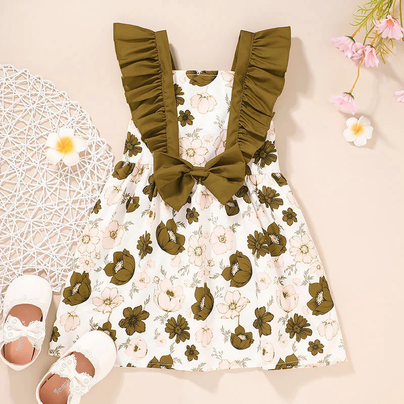 

Toddler Summer A-line Dress, Baby Girls Color Block Flower Print Fly Sleeve Square Collar with Bowknot