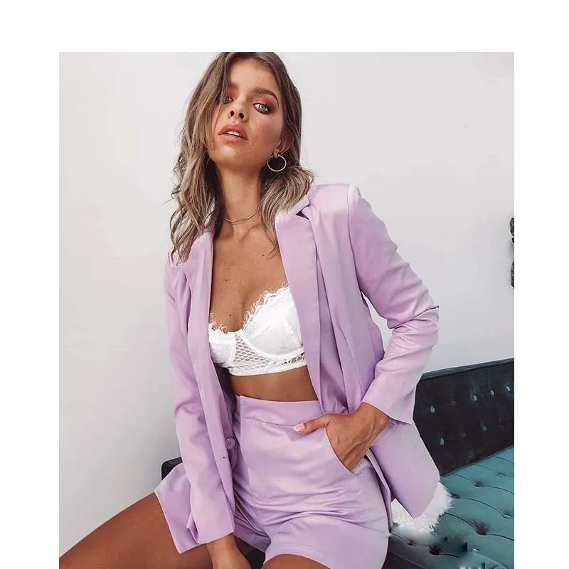 Purple Элегантный офисный женский костюм размера плюс, короткие штаны, женский пиджак, блейзер, топ с высокой талией, мини шорты, костюмы, повседневная рабочая одежда, комплект из 2 предметов - Цвет: Purple