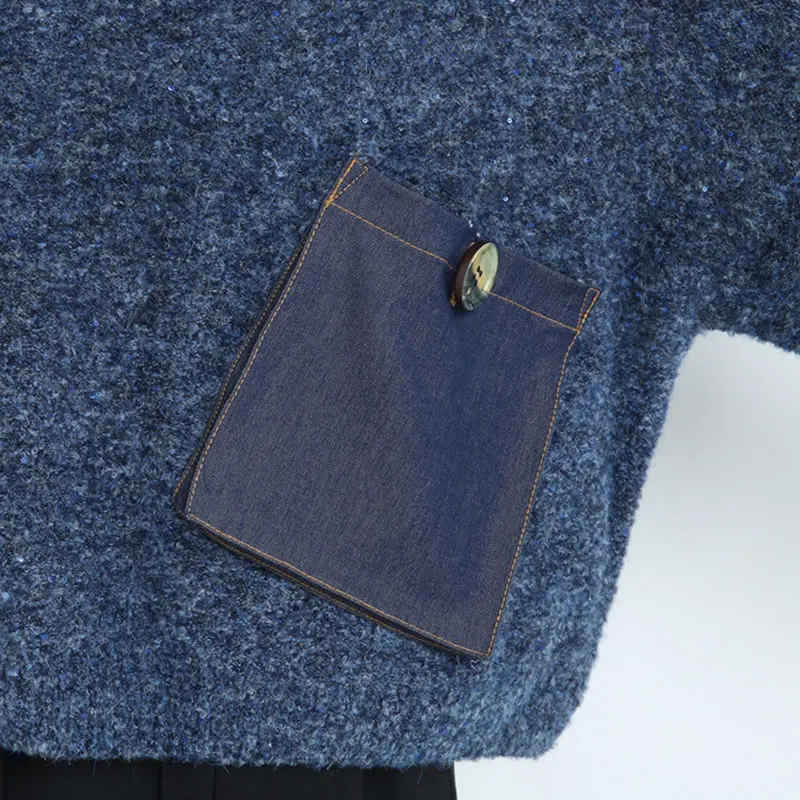 

XITAO New Knitting Patchwork Pocket Sweater Fashion Casual Loose Pullover Short Women Top Spring and Autumn All-match ZY4695