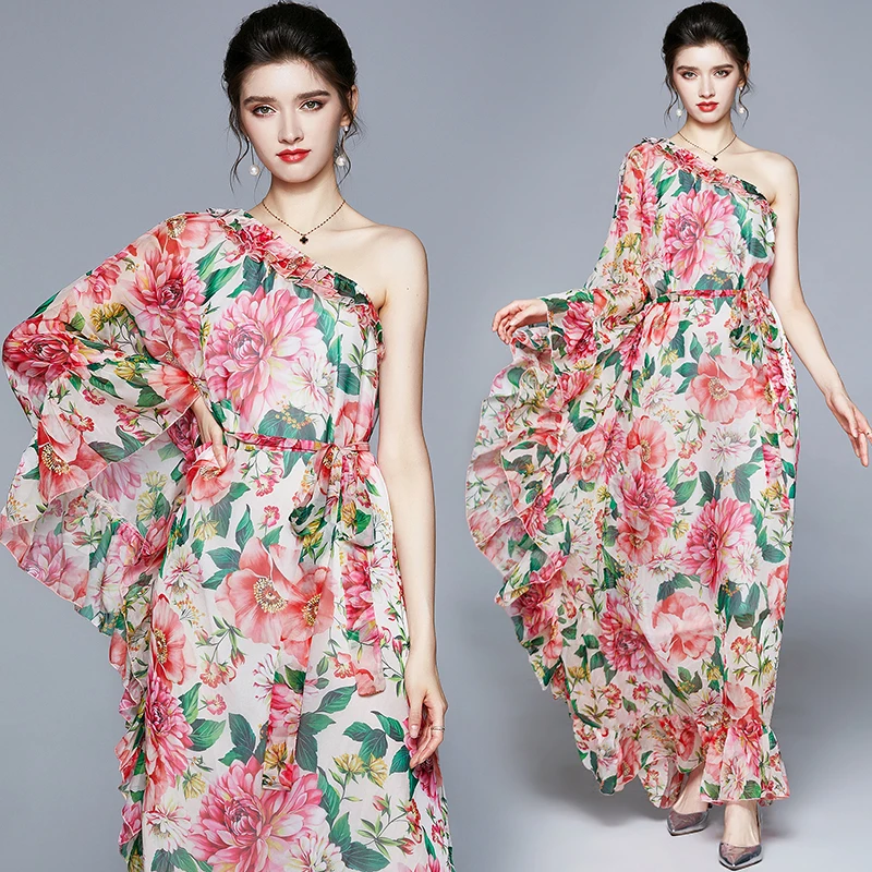 

2021 Summer Holiday Loose Dress Plus Size Women One Shoulder Batwing Sleeve Bohemia Charming Print Ruffles Maxi Long Dress