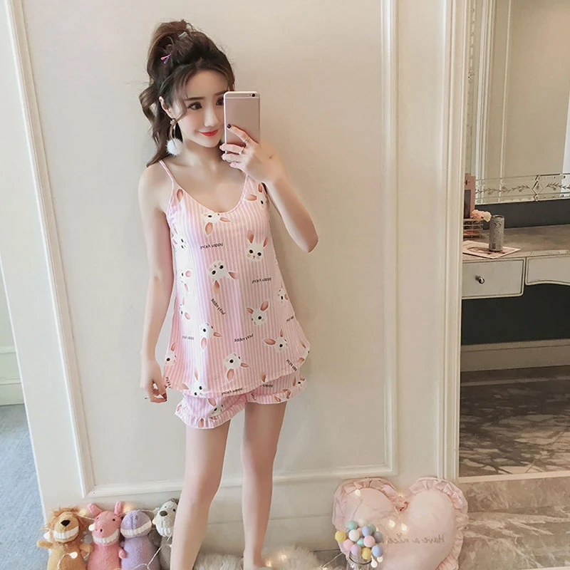 

Women Sleepwear Summer Soft Pajama Sets Homewear Sweet Home Service Chest Pad Sleep