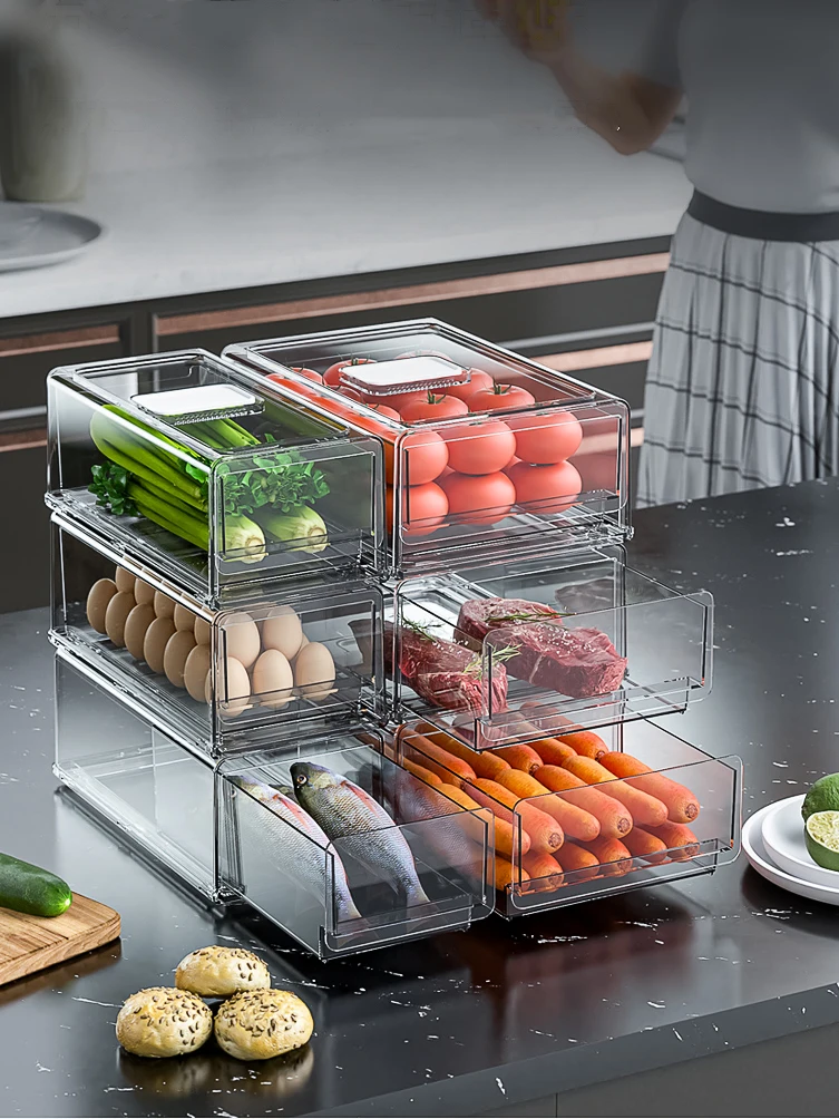 

Refrigerator Drawer Storage Box Fruit Transparent Organizer Bins Vegatable Meat Freezer Fridge Stackable Cabinet Kitchen Items