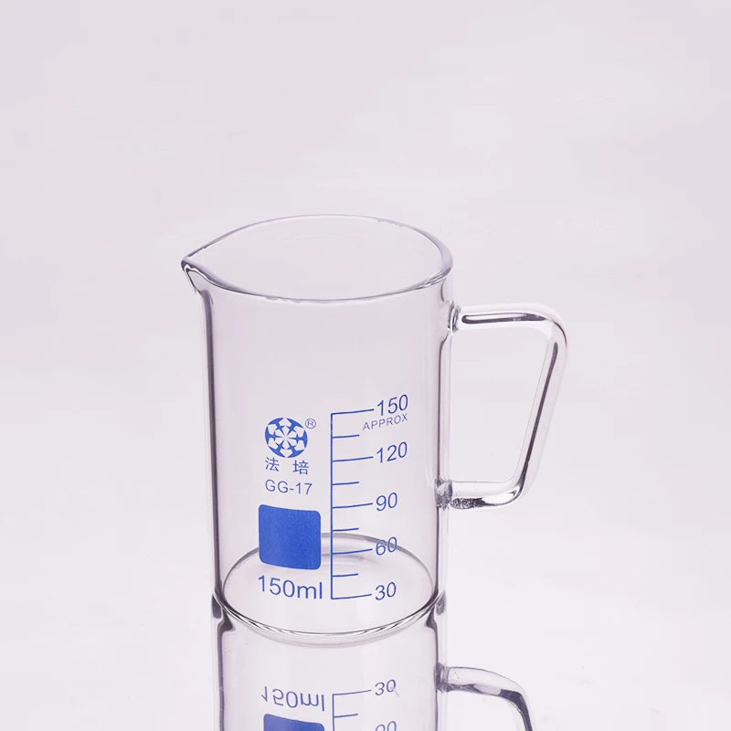 Beaker in low form with spout,With handle,Capacity 150ml,Outer diameter=60mm,Thickness=2.8mm,Height=87mm,Laboratory beaker