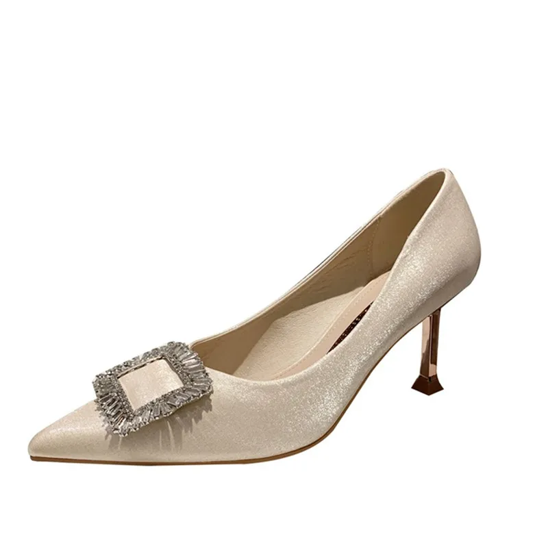 

Autumn New High-Heeled Shallow Mouth Pointed Stiletto Single Shoes Fashion Rhinestone Satin Single Shoes Women
