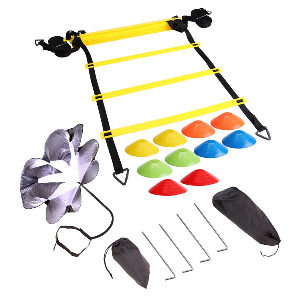 Footwork Soccer Fitness Speed Rungs Football Agility Ladder Training Equipment Kit with Resistance Parachute Disc Cones Bags