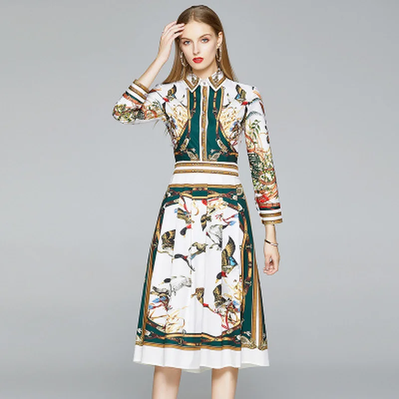 

2020 Autumn Women Design Long-sleeved Plus Size Vintage Runway Print Dresses Ladies' Elegant Midi Dress Famele Vestidos