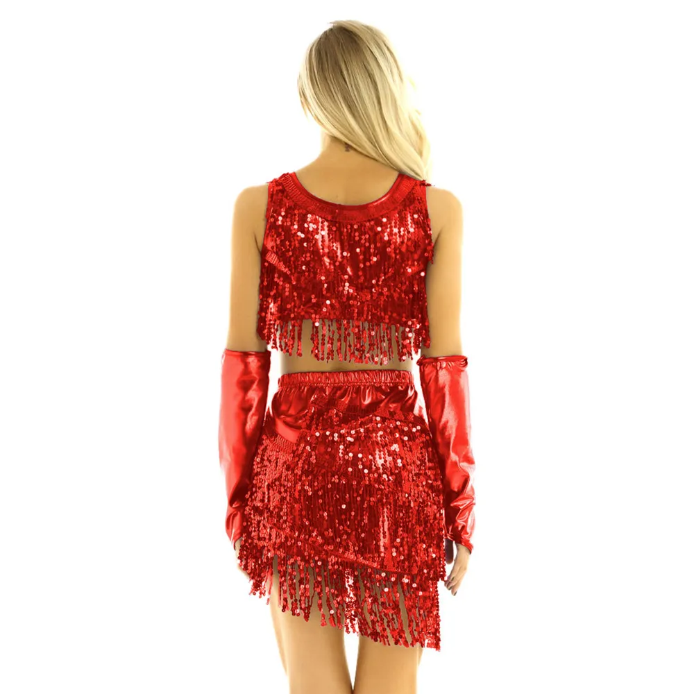 

ChicTry Women Shiny Metallic Stage Performance Costume Crop Tops with Skirt Set Sequins Tassels Fringe Latin Dance Dress Outfit