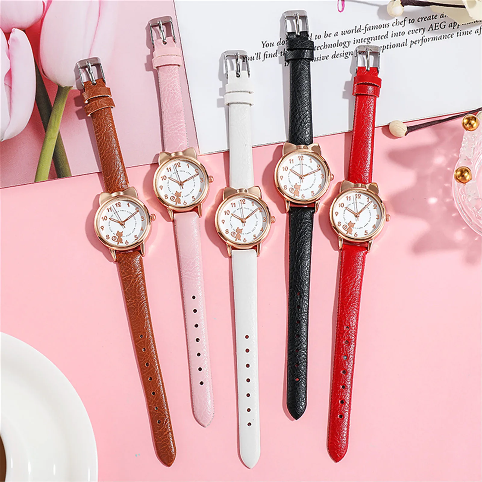 

Cute Cartoon Cat Luminous Student Watch Women's Quartz Watch Alloy Case Leather Strap Women's Casual Luminous Watch Reloj Mujer