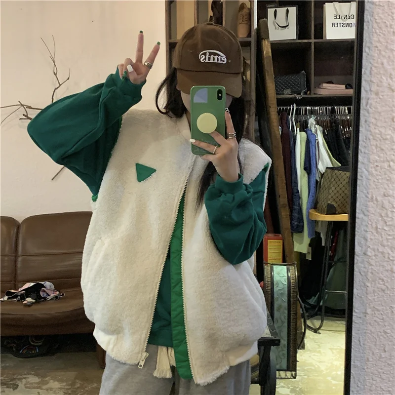 Женский Свободный жилет на молнии из овечьей шерсти | Женская одежда