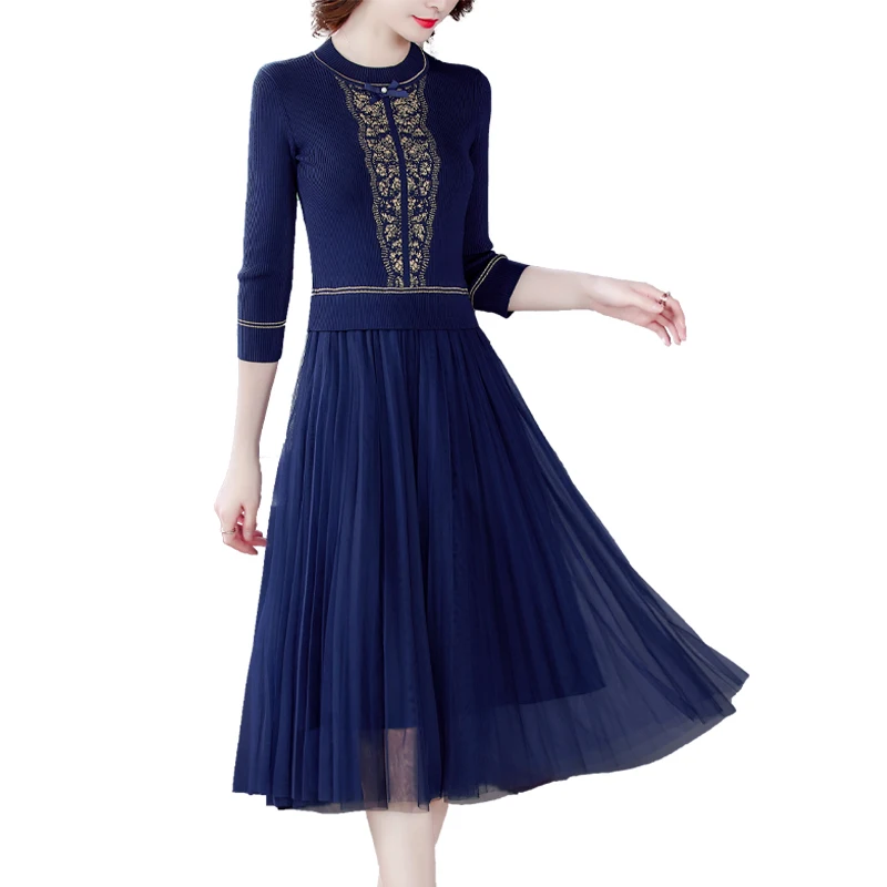 

New Elegant Vintage Mesh Knited Warm Midi Dress Autumn Winter Print 3XL Plus Size Long Sleeve One Piece Dress Women's wear Party