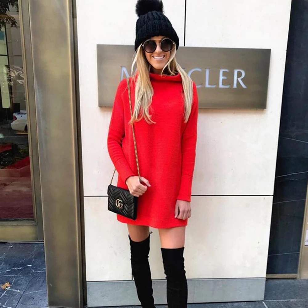 Red Autumn Winter Long Sleeve Thin Knitted Dress Straight Mini Casual Women Dresses Streetwear Femme Black White Gray Vestidos | Женская