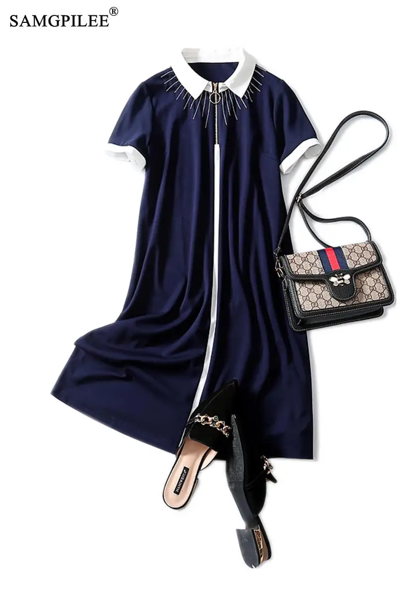 

Summer Dress For Women 2021 Casual Dresses A-line Solid Short Sleeve Embroidery Knee-length Turn-down Collar Womens Dresses 4XL