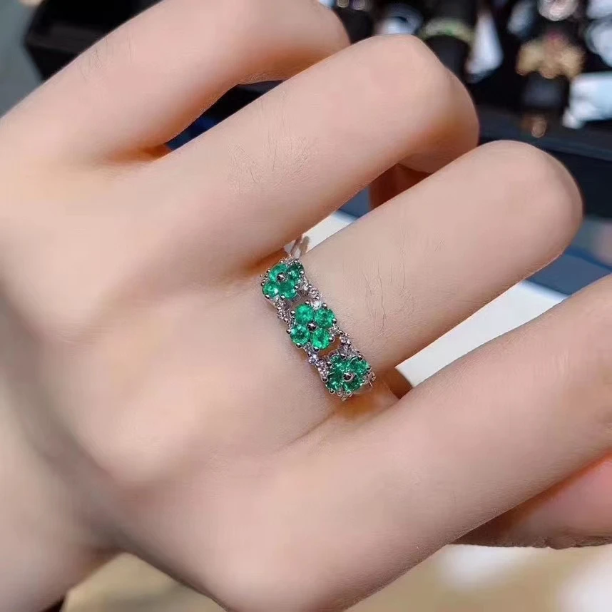 

Natural green emerald gem Ring S925 Silver Natural Gemstone Ring Fashion Elegant wide Row Clover Women's party Rings Jewelry