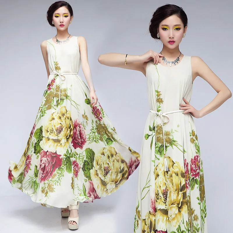 

Женское летнее ассиметричное шифоновое платье длиной до щиколотки с ремнем без рукавов