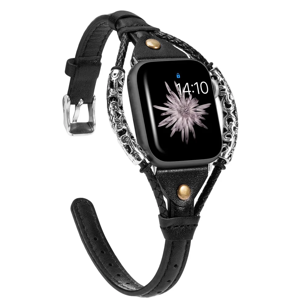 Черный Винтажный кожаный ремешок для Apple Watch Band женский твист полоса ремешок заклепки с металлической веревкой браслет нарядный стильный iwatch серия - Цвет ремешка: Черный