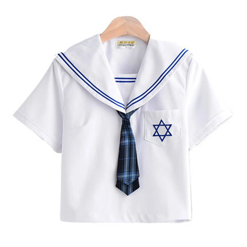 Japanese School Uniform Jk Sailor Suit Tops Embroidery And Plaid Skirt Cute Work Uniforms For Girls Short Sleeve White Shirt XL