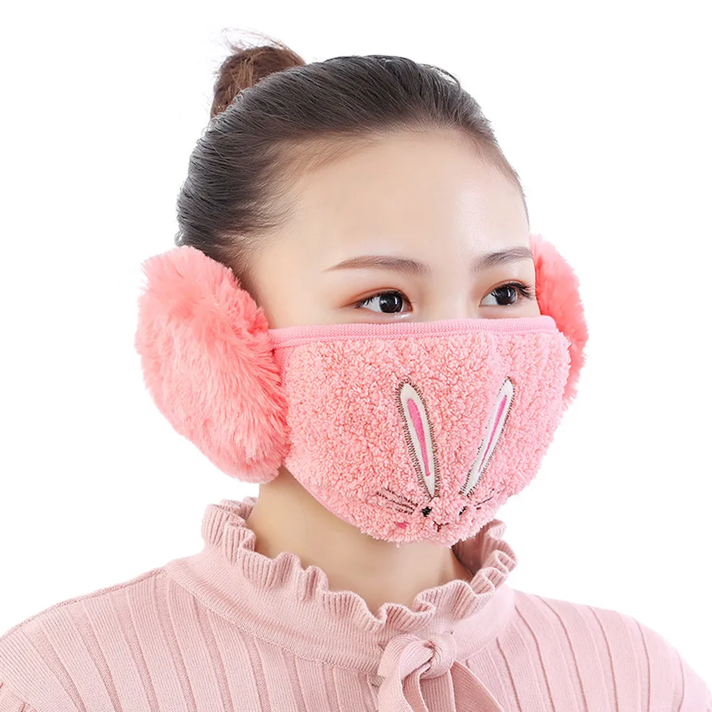 Женская зимняя маска с ушками теплая меховая Ветрозащитная для лица принтом