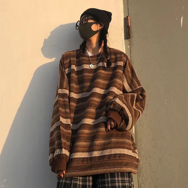 

FAKUNTN Women Sweater High Street Striped Contrasting Color Sweaters Vintage O-Neck Long Sleeve Knitwear Pullovers Female Jumper