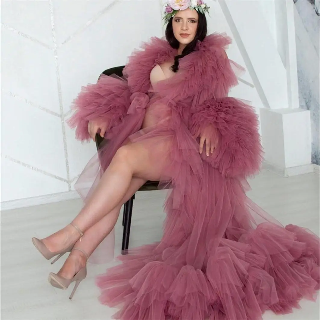 

2021 Luxury Ruffles Tulle Evening Dresses for Pregnant Women Long Sleeve Robes Formal Prom Dress vestido de novia