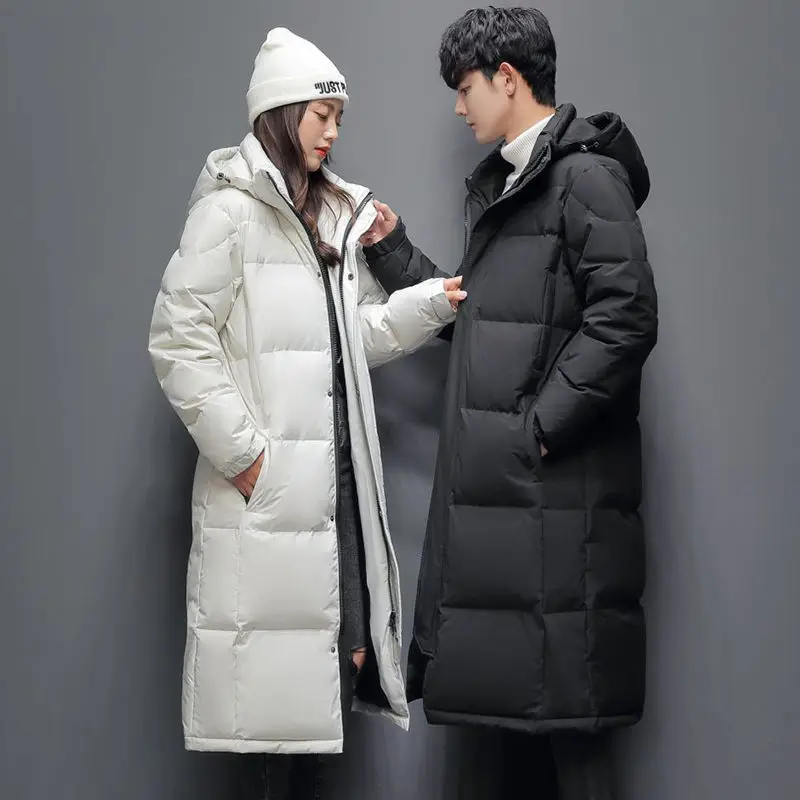 Winter Men's and Women's Down Jacket Women's Fashion Solid Color Over The Knee Long Couples Warm White Duck Down New Clothing