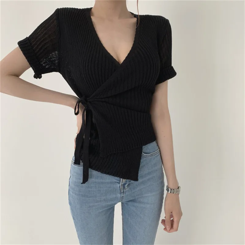 

2021 early spring design sensual little sexy V-neck cross-tie V-neck sweater top