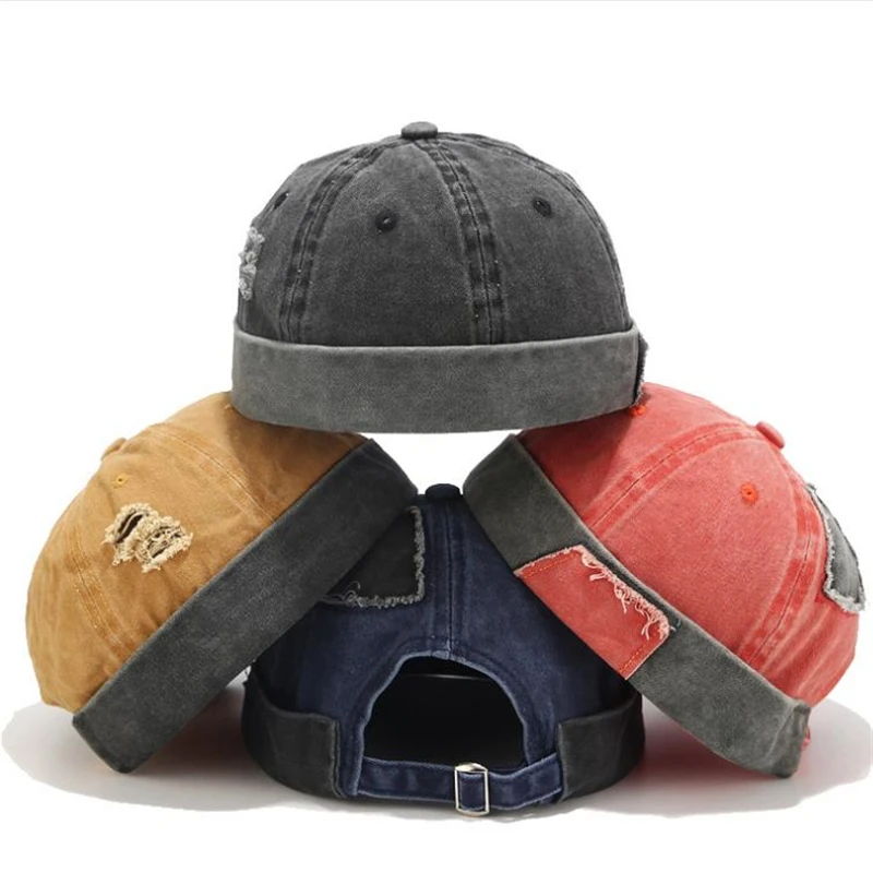 

Vintage Hip Hop Men Hat Washed Cotton Retro Skull cap Adjustable Brimless Hat Landlord Breathable Beanie Hat Sailor Cap 2021
