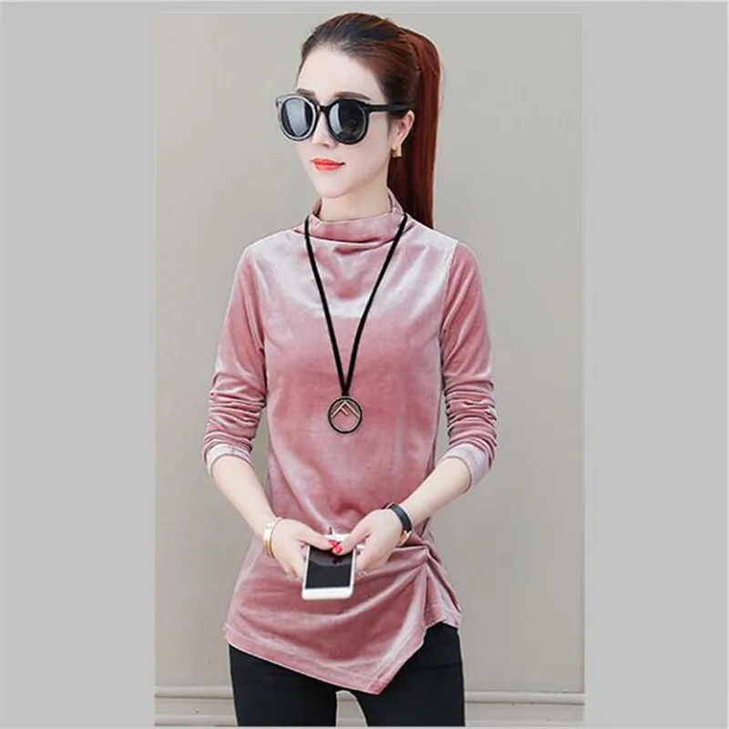 Новая весенняя Женская Асимметричная велюровая рубашка с высоким воротником