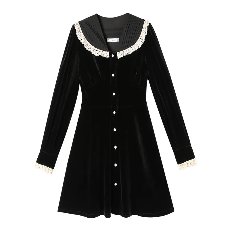 

Vintage Doll Collar Black Gold Velvet Dress Women Sexy Casual Fashion High Waist Butterfly Sleeve Party Dresses Female Vestidos