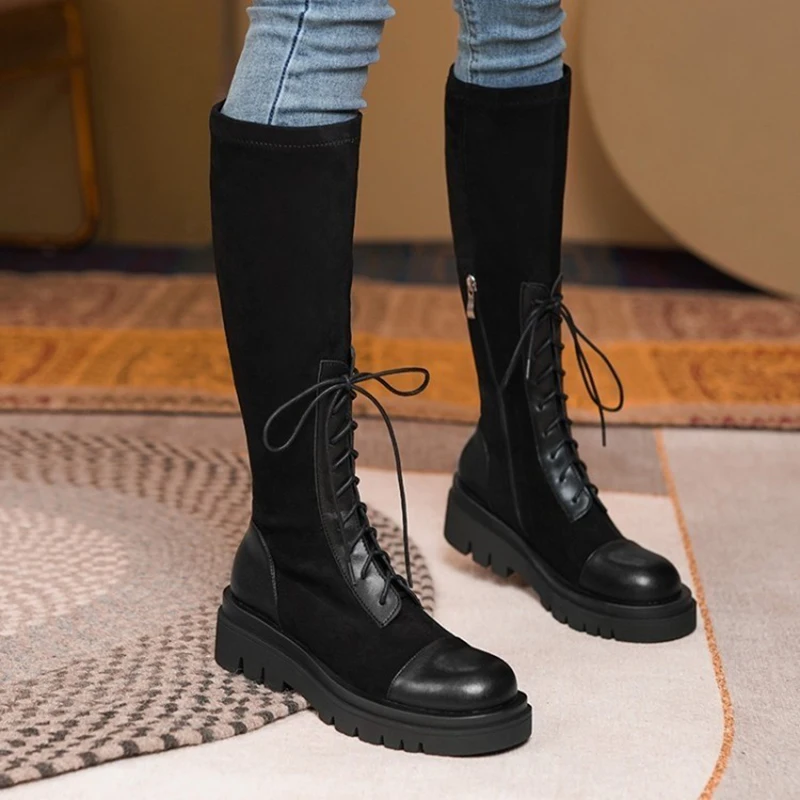 

Lucyever 2021 Autumn Winter Platform Knee High Boots Women Cross Strap Flock Long Boots Woman Stretch Fabric Thick Bottom Botas