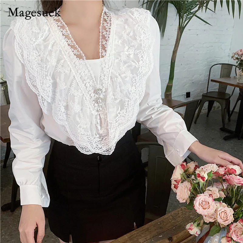 

Women Crochet Lace Shirt New Vinatge Cotton White Blouse Long Sleeve Tops Female Casual Ladies Office Shirts Blouses Blusas13299