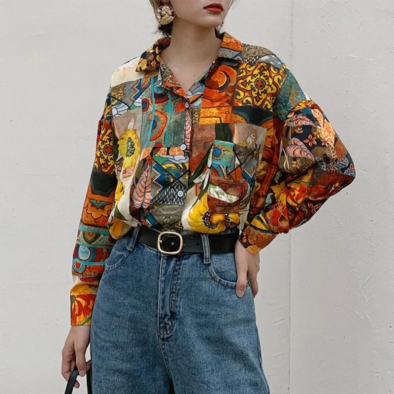 

Retro Sunflower Print Blouses Girls Loose Blouses Lapel Shirts Women Print Blouses