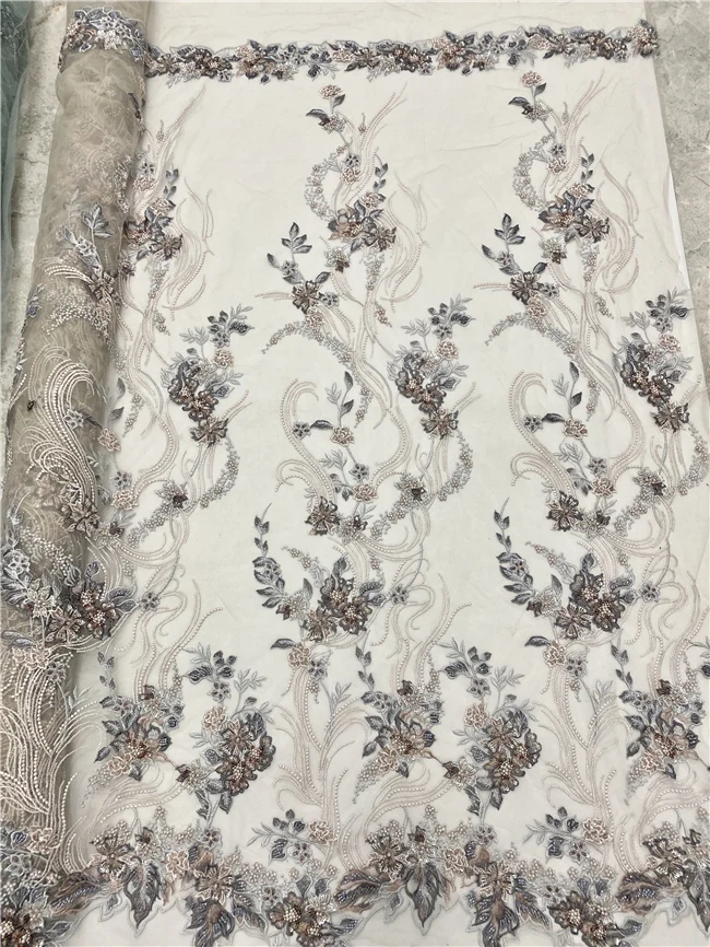 

Новейшая африканская французская кружевная ткань ZH-1096818, Высококачественная африканская Тюлевая кружевная ткань с бусинами ручной работы