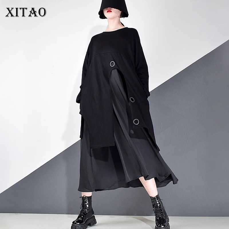 

XITAO Draped Casual Dress Women Patchwork Sequins Winter Tide Fashion New Style O Neck Collar Long Sleeve Personality ZP2949