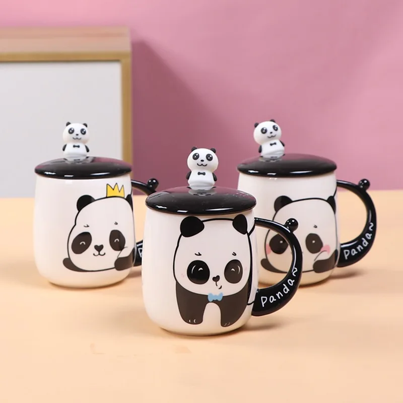

Мультяшная Милая керамическая кружка в виде панды, кофейная чашка с крышкой, ложкой, пара, офисная, домашняя чайная чашка, чашка для завтрака...