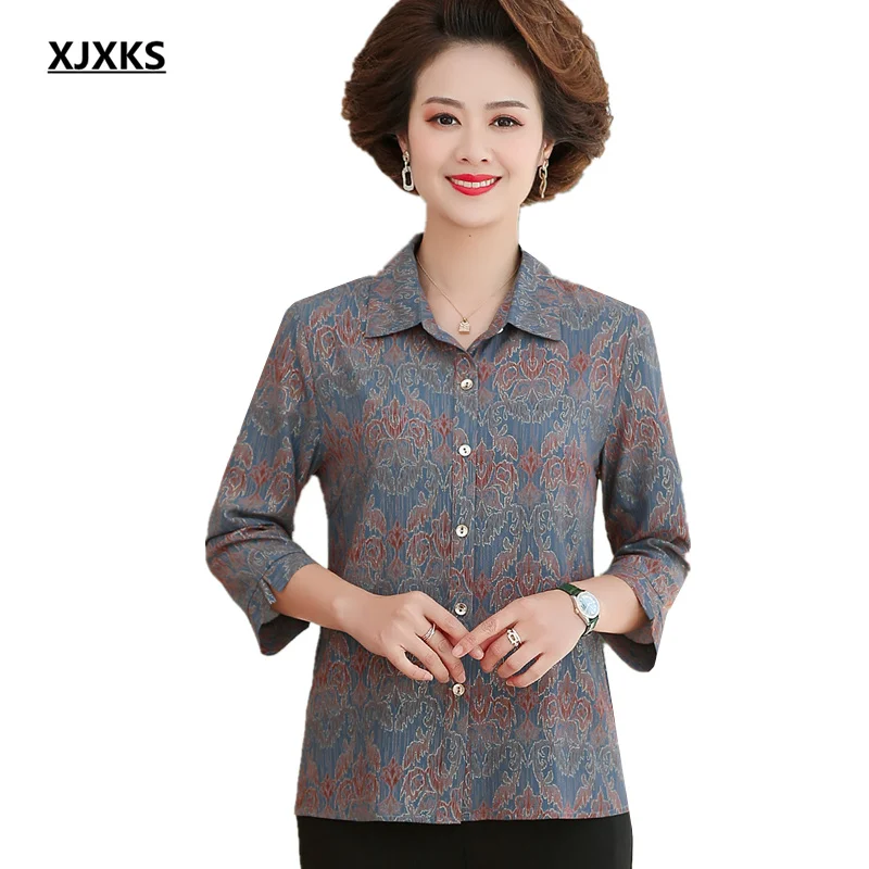 

XJXKS, новинка сезона весна-осень 2021, модная женская рубашка с отложным воротником, высококачественный однобортный Топ для женщин среднего возраста, блузка для женщин