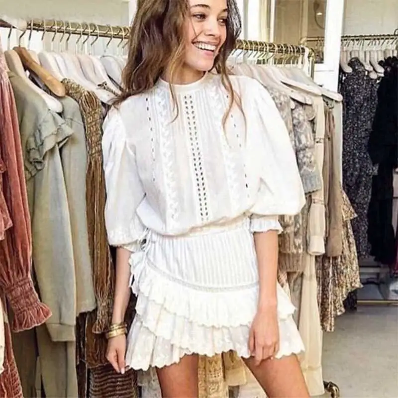 

BOHO INSPIRED Lorelei tiered white party dress embroidery ruffle dress women O-neck lantern sleeve mini cotton boho dress new