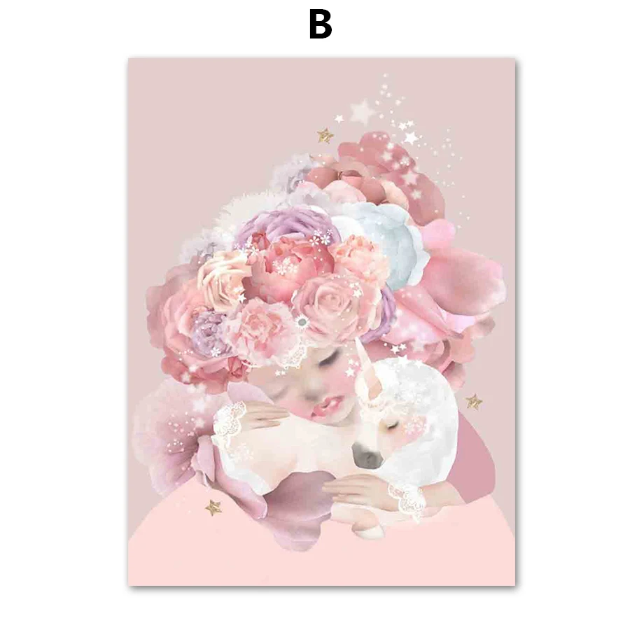Настенная картина розовая Луна лиса лошадь Лебедь бабочка девушка цветок