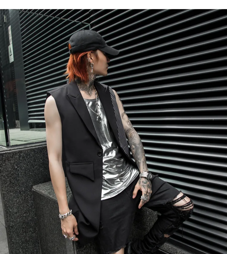 

Men spring summer striped patchwork long suit vest nightclub punk hip hop black gilet stage costume men gothic casual waist coat