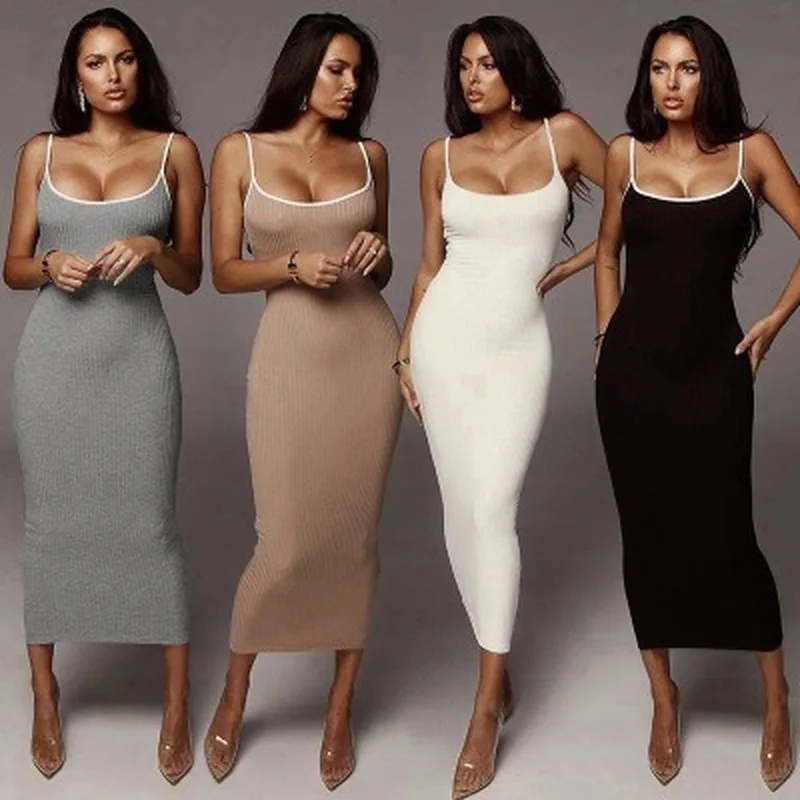 

Women Girls Sling Solid Color Low Cut Knitted Skinny Bodycon Club Party Casual Sexy Fashion Maxi Dress Sundress