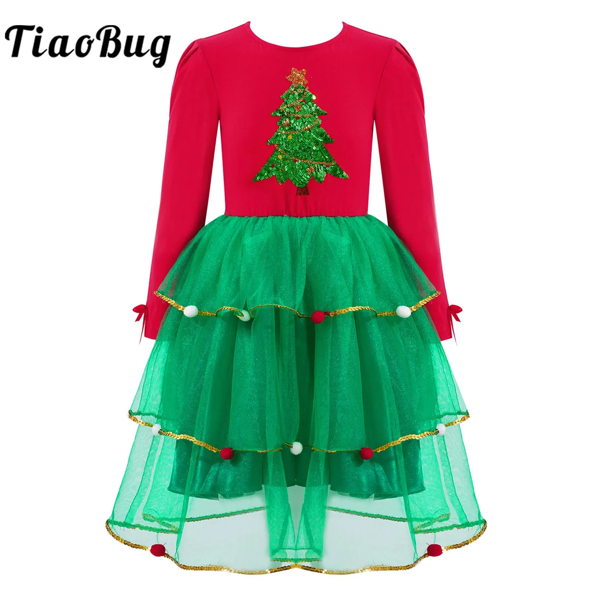 

Little Kids Girls Christmas Dress Long Sleeves Sequined Miss Santa Claus Layered Tutu Dress Party Xmas Cosplay Princess Costume