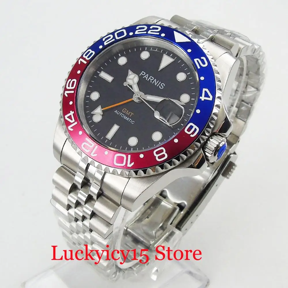 Роскошные автоматические мужские часы PARNIS GMT ручная вращающаяся рамка юбилейный