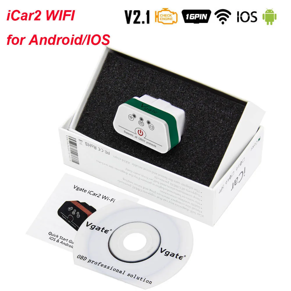 White Green Vgate iCar2 ELM327 V2.1 OBD2 WI-FI сканер OBD 2 OBD2 ELM327 V2.1 Авто диагностический инструмент Vgate Икар 2 easydiag VS Elm 327 V1.5 - Цвет: White Green