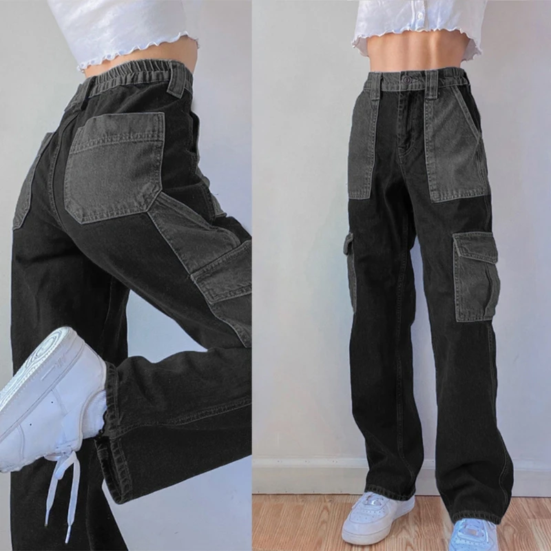 

Women High Waist Baggy Cargo Pants Contrast Color Patchwork Straight Leg Jeans Harajuku Flap Pocket Side Denim Trousers