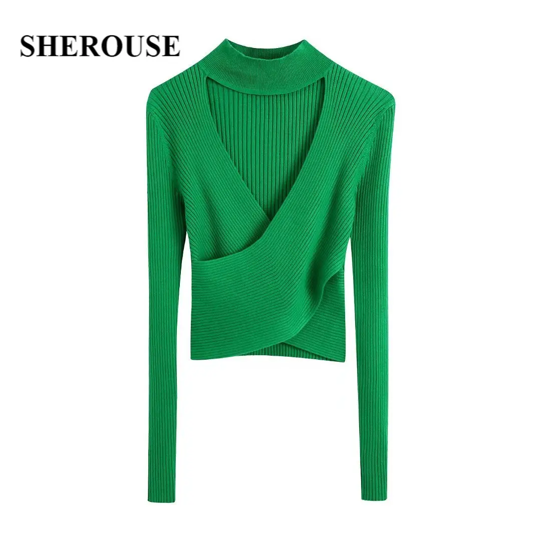 

Sherouse Women Fashion Cut-out Knit Top High Neck with Surplice Neckline Long Sleeves Chic Lady Woman High Street Knitwear